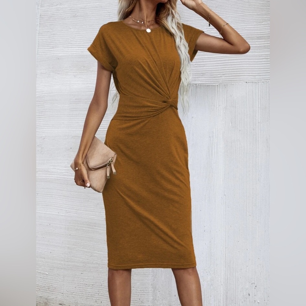 Shein Women’s Brown Round Neck Solid Twist Front Fitted Dress Size Large